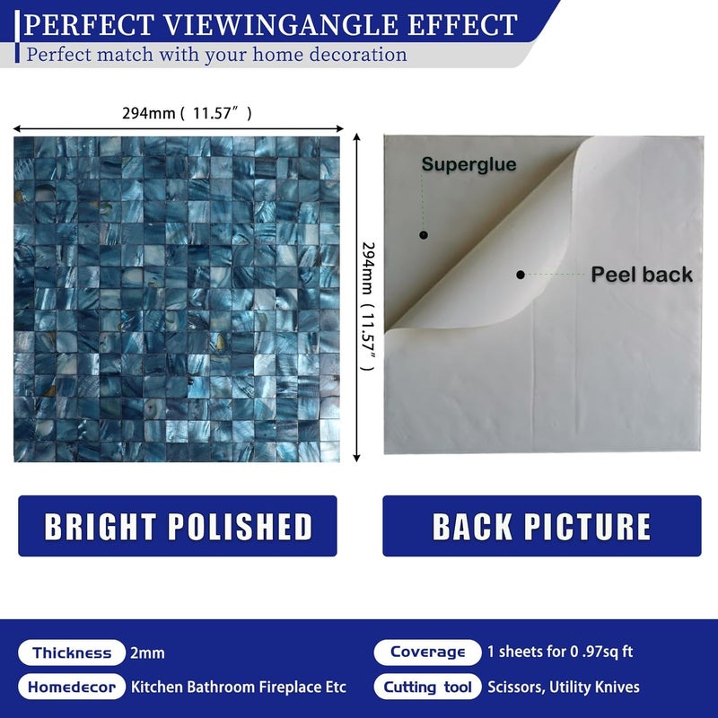 Mop Mother of Pearl Peel and Stick Backsplash Shell Mosaic Subway Tile, for Living Room Background Wall and Kitchen 12"x12" Dark Blue 10 Sheets - Image 2